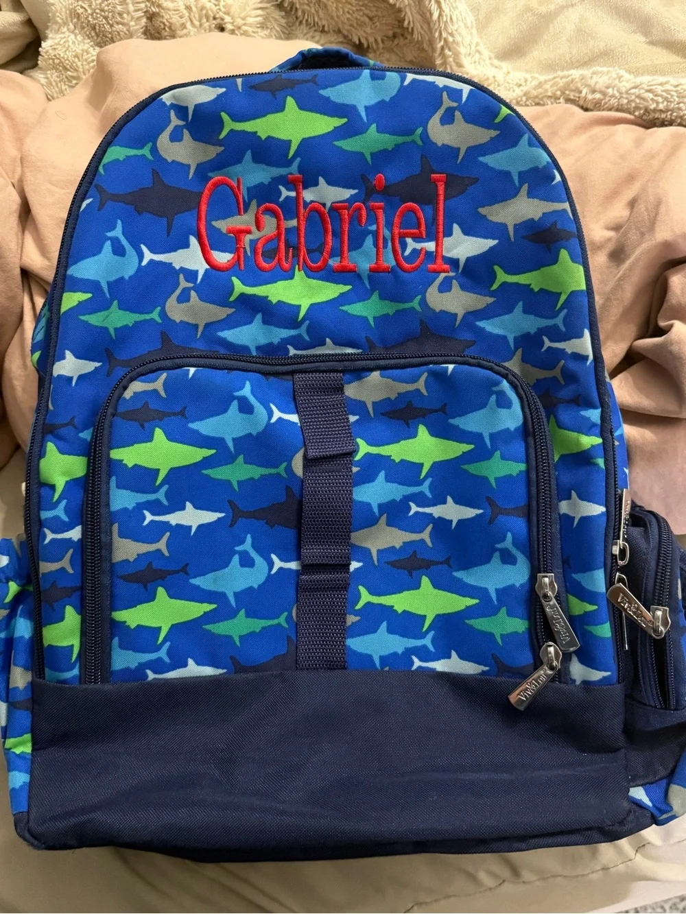 Personalized Blue Shark Print Backpack with Red Name Embroidery